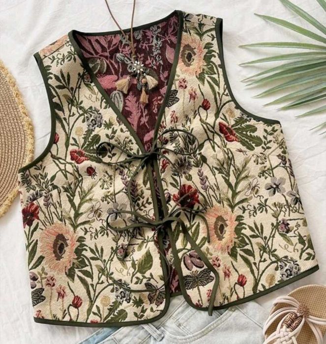 Kamizelka bezrękawnik Vintage kwiaty