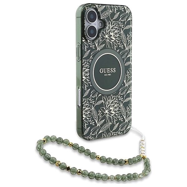 Etui Guess IML Flowers Allover Electro With Pearl Strap MagSafe na iPh