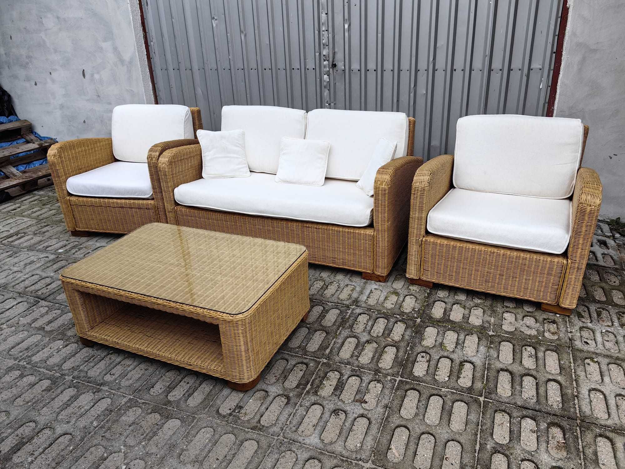 Zestaw Sofa Kanapa 2x FOTEL STÓŁ rattan aturalny z RATTANU GRUBY OPLOT