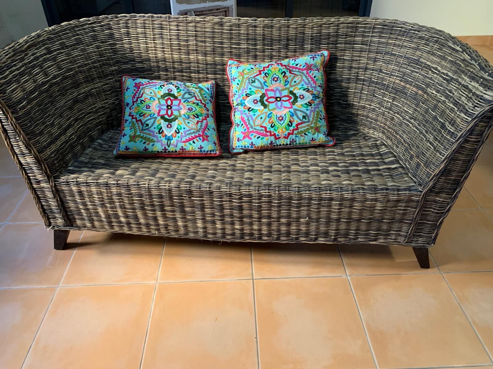 Conjunto sofá  mesa cadeiras de vime para jardim interior exterior