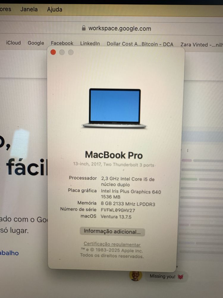 MacBook Pro 13’’ 2017 i5, 8GB RAM, SSD, carregador original