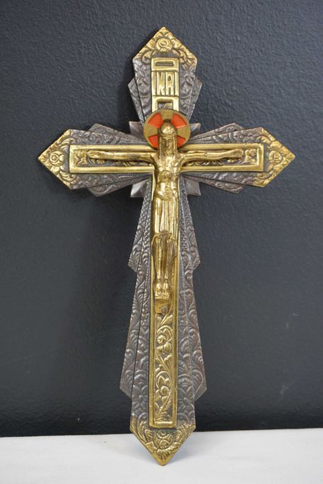 Stary krzyż wiszący pasyjka Pan Jezus mosiądz 22.5cm