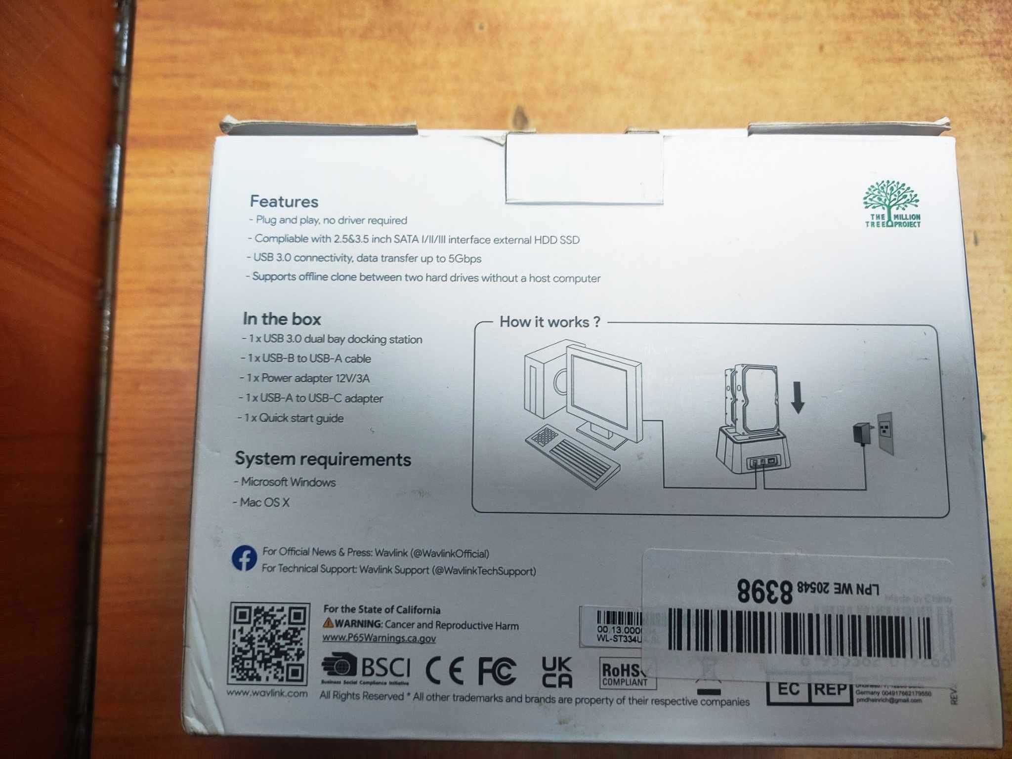 Stacja dokująca WAVLINK WL-ST334UA USB 3.0 , SSD 2,5-3,5″ SATA NOWA!!!