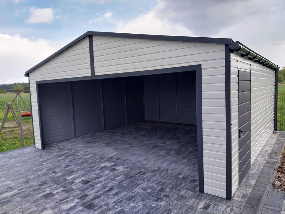 Garaż blaszany biały 6x5,8m nowoczesny brama segmentowa blachodachówka