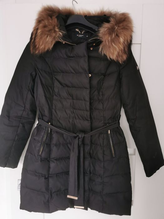 Kurtka Zimowa Płaszcz S 36 Monnari Kaptur Jenot Pikowana Wiązanie Puch