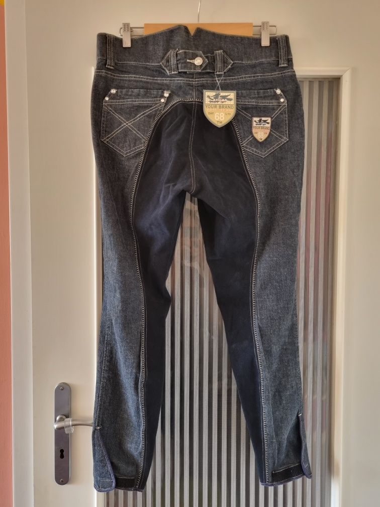 NOWE HKM spodnie do jazdy konnej bryczesy jeździecki denim pełny lej
