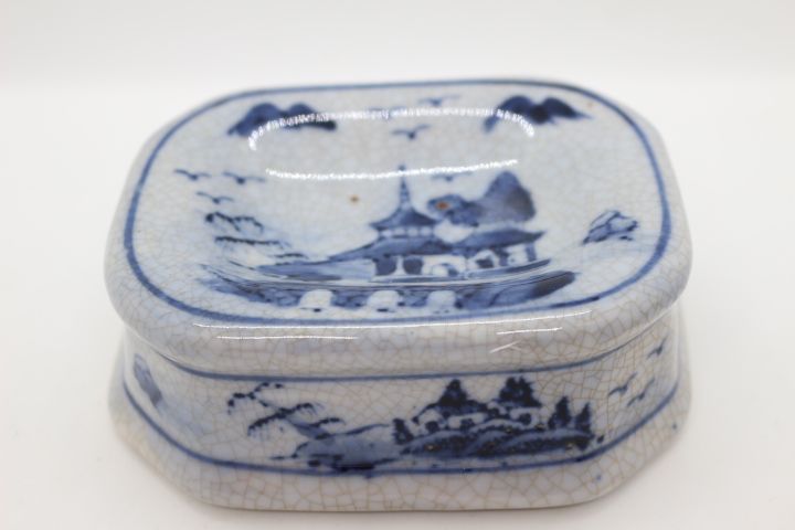 Saleiro Porcelana China Qianlong XIX Decoração Cantão Pagodes e Ponte