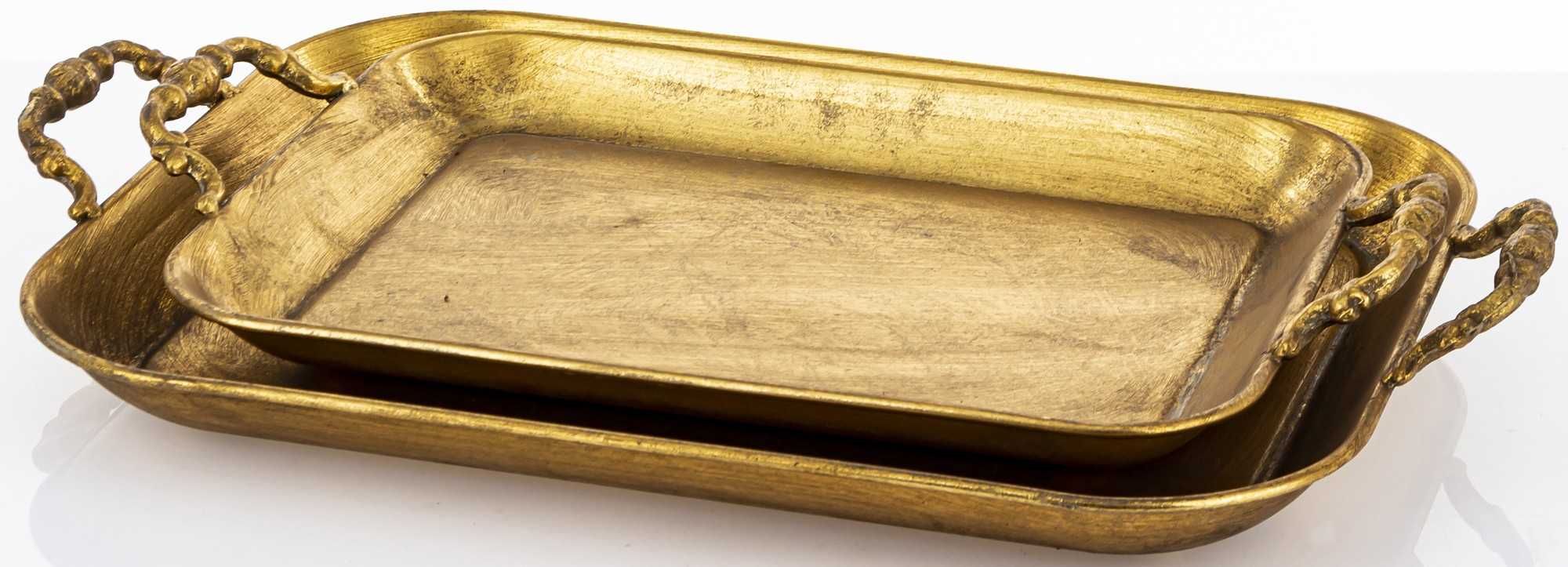 Komplet 2 x złota metalowa postarzana dekoracyjna taca retro 157667