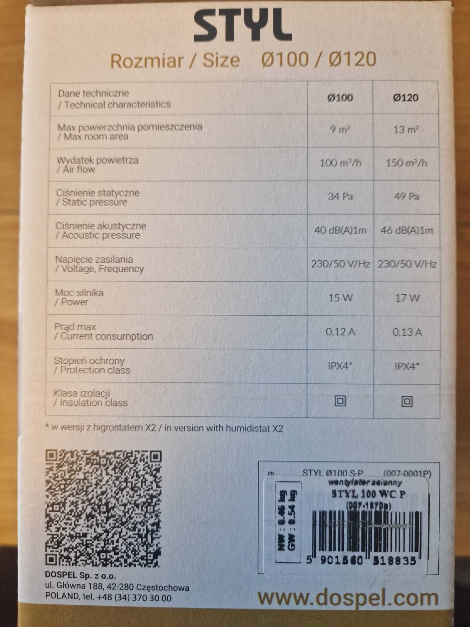 2 sztuki wentylatorów osiowych DOSPEL STYL 100 WC P – NOWE