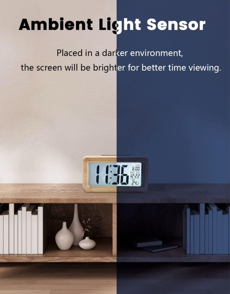aboveClock Cyfrowy Budzik, Drewniany Zegar