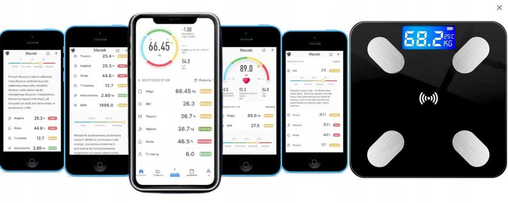 Nowa waga łazienkowa SMART+25w1 -Bluetooth, aplikacja, szkło hartowane
