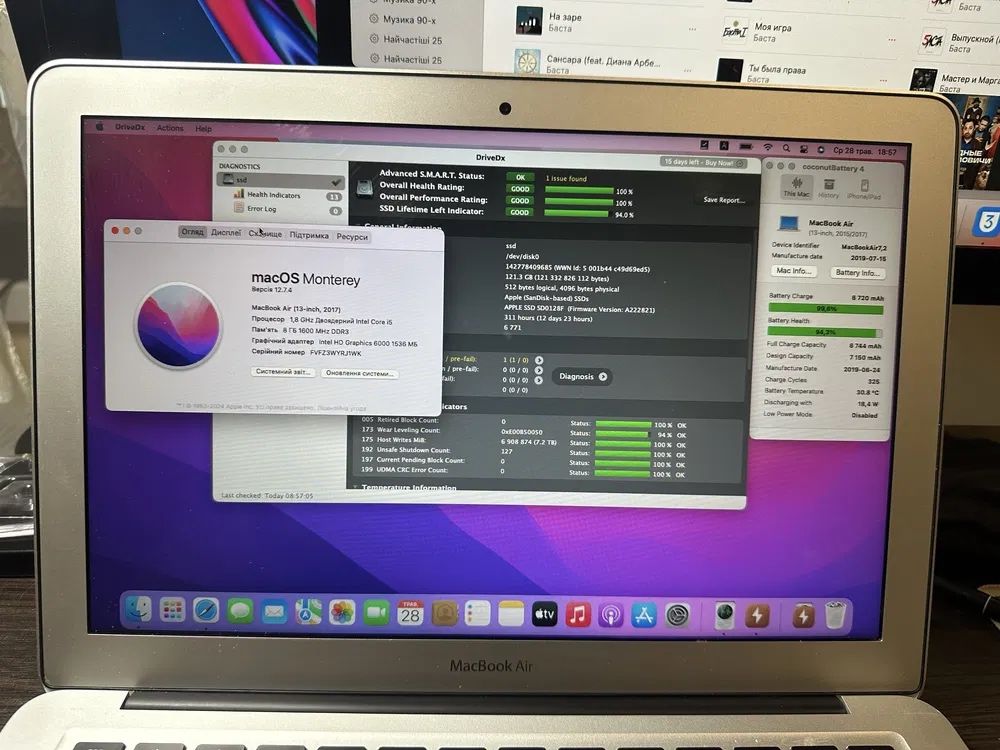 Macbook air a1466 2017p i5/8gb/128ssd пять годин акумулятор
