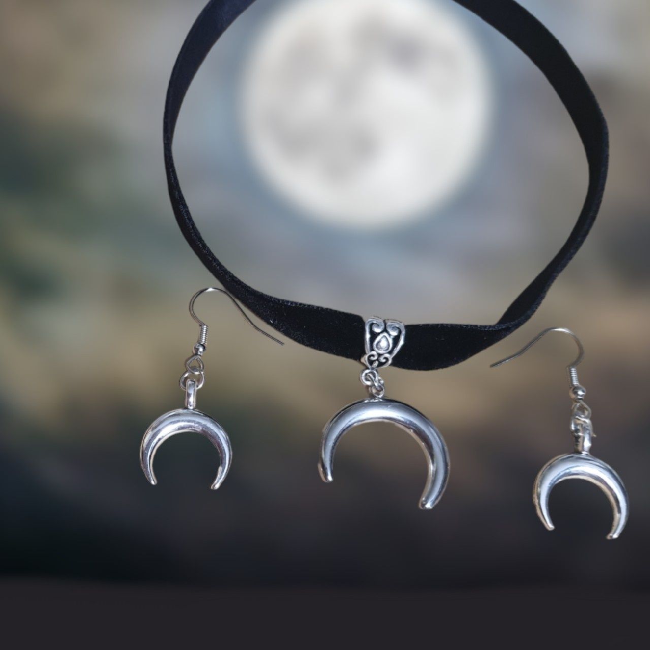 Komplet lunula choker słowiański naszyjnik kolczyki półksiężyc księżyc