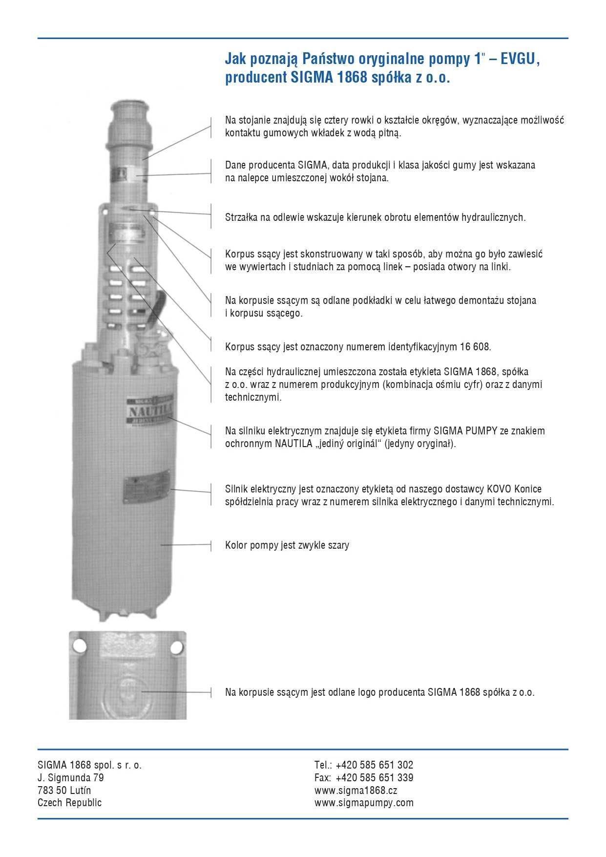 Pompa głębinowa SIGMA 1" EVGU 16-8-GU-080 1,1kW/400V Czeska oryginał