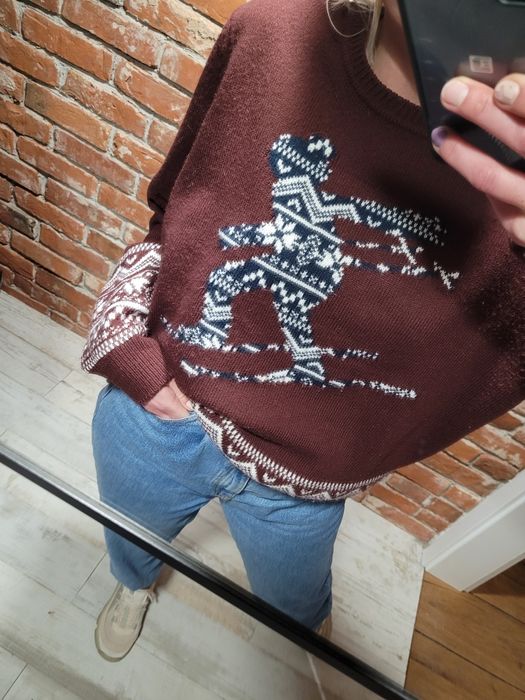 Bordowy sweter oversize mega oldschool narty vintage