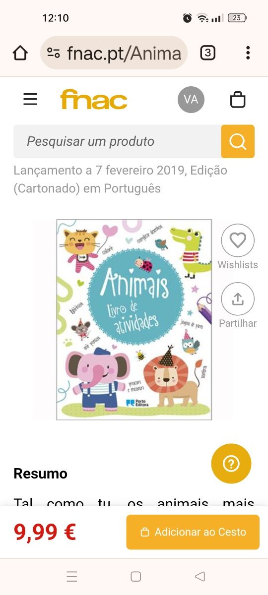 Livro infantil de actividades animais