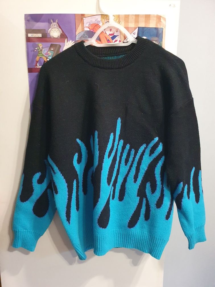 Sweter niebieski płomienie 90s street