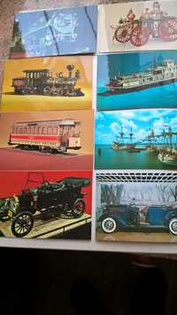 Pocztówki USA stare pojazdy i statki do kolekcji