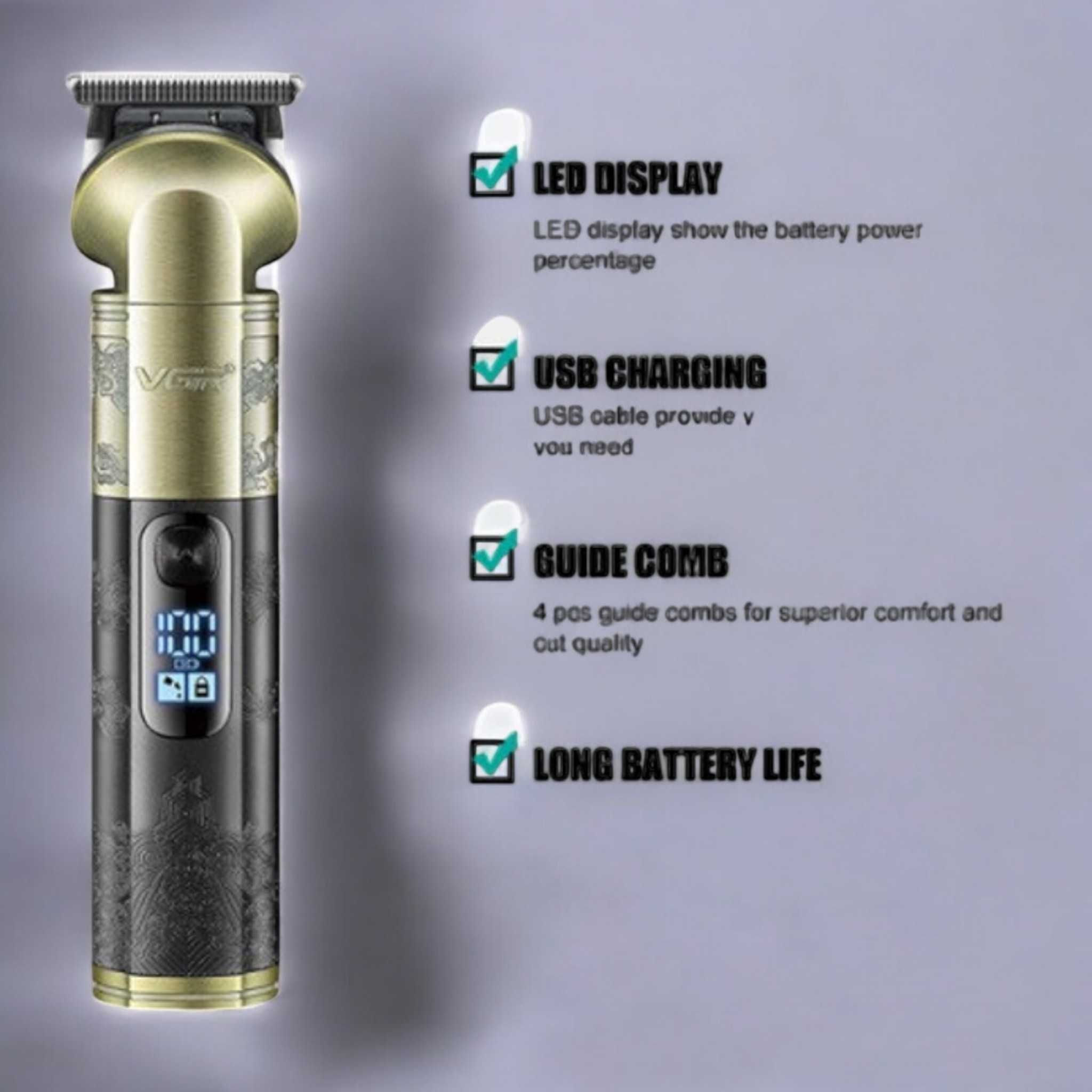 Тример для волосся та бороди VGR V-296 4 насадки 1200 mAh LED-дисплей