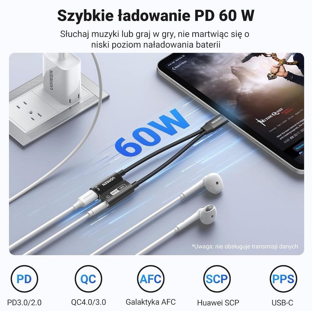 Adapter USB C na Jack 3 5 mm z PD 60 W DAC Hi-Res audio i ładowanie