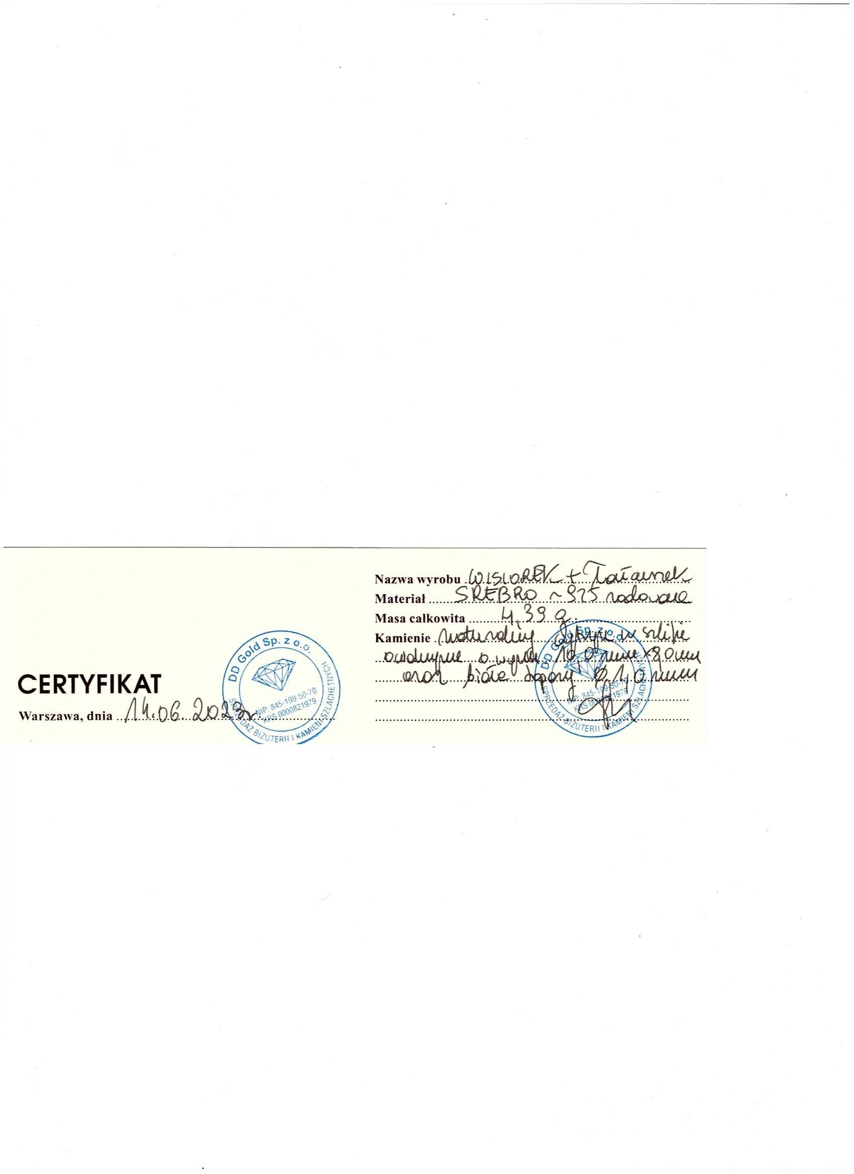 wisiorek łańcuszek srebro 925 cytryn certyfikat