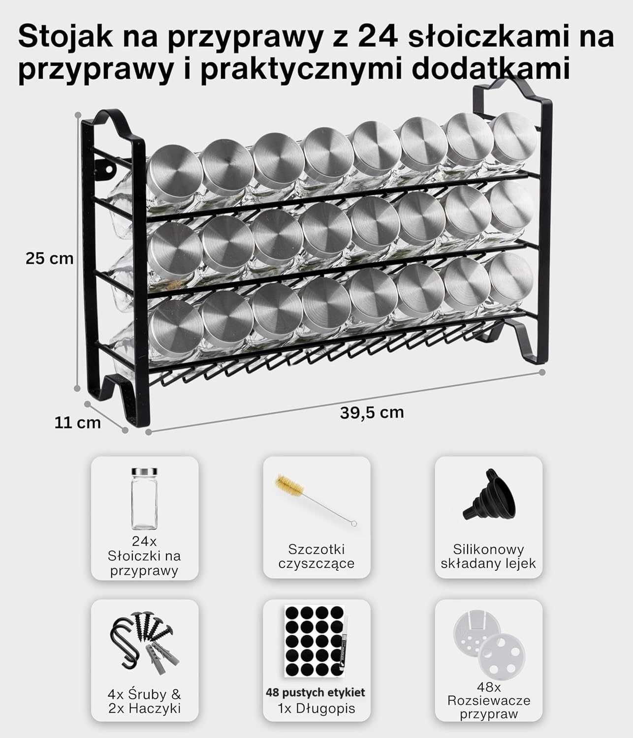 metalowy stojak na przyprawy + 24 słoiki + AKCESORIA