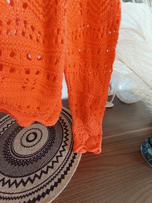 Pomarańczowy ażurowy sweterek ze ściągaczem na lato XS S nowy