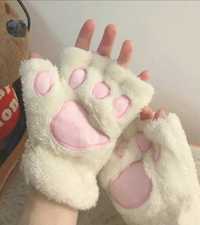 Перчатки лапки рукавички митенки молочно розовые