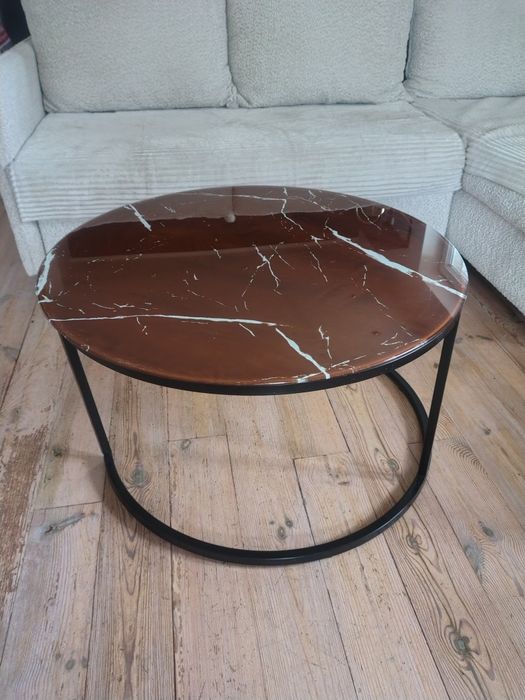 Stolik kawowy szklany brązowy a la marmur okrągły 80 cm