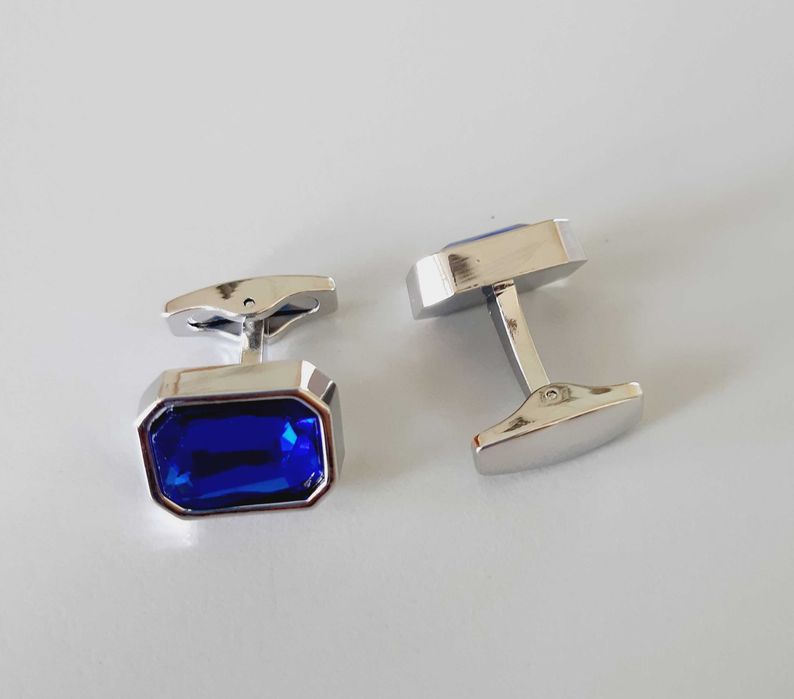 Spinki do mankietów koszuli nowe prostokątne srebrno niebieskie