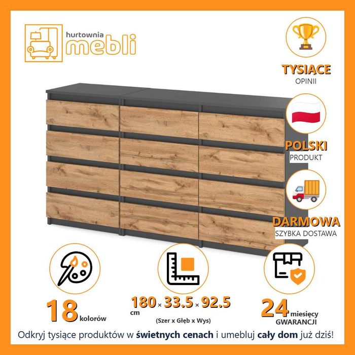 Komoda Duża Nowoczesna 12 Szuflad Modułowa Szafka 180cm Do Sypialni