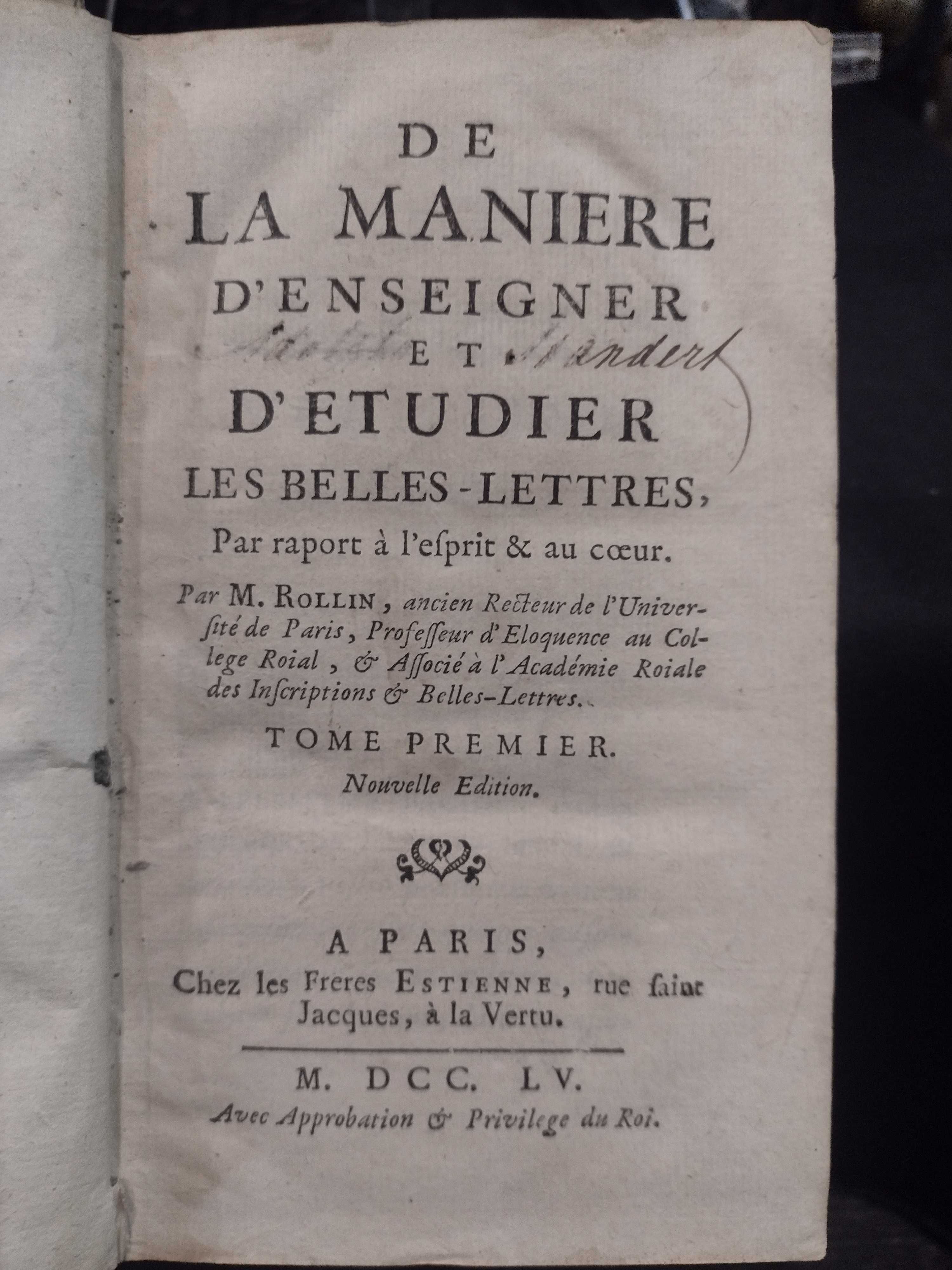 De La Maniere D´enseigner et D´etudier les belles-Lettres 1755