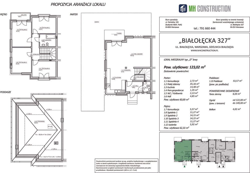 Segment 123m2 salon + 4 sypialnie, ogród 45 - 149m2 + poddasze 63m2