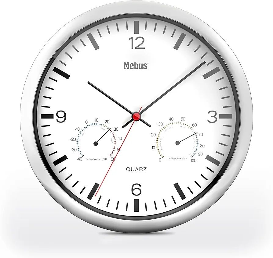Mebus Kwarcowy zegar ścienny z termometrem i higrometrem Srebrny 25 cm