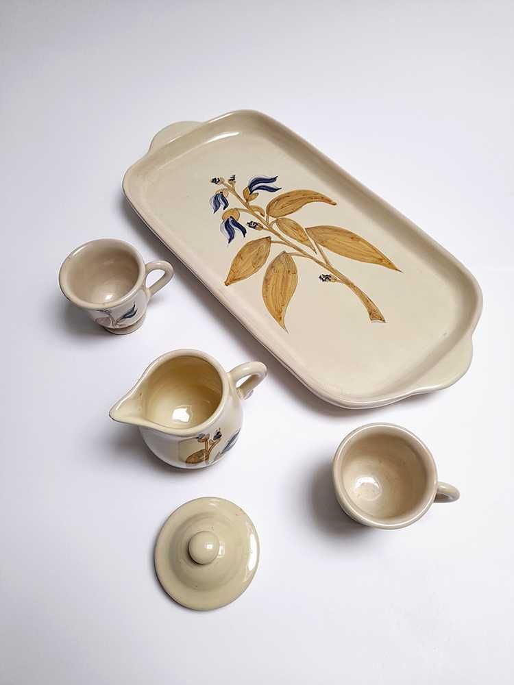 Antigo Serviço 2 Chávenas Café Bandeja Bule Flor Pintado à Mão