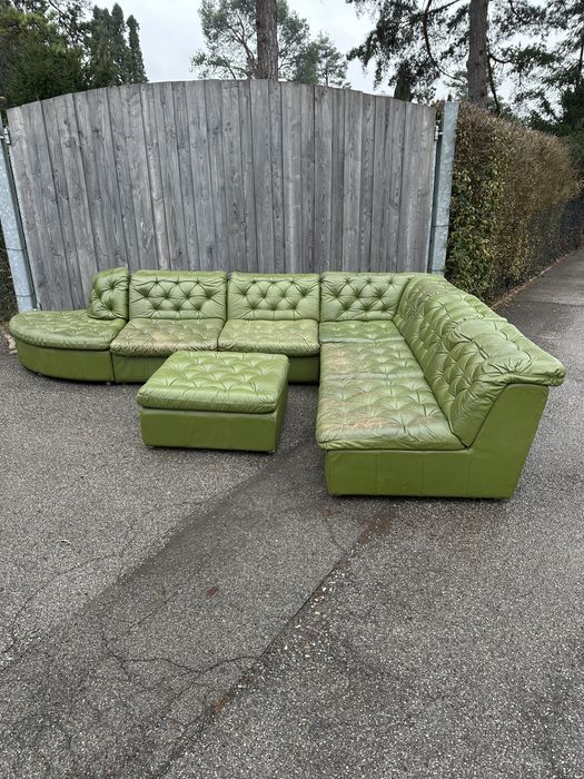 Orygnialny modułowy zestaw Chesterfield zielona oliwkowa skóra natural