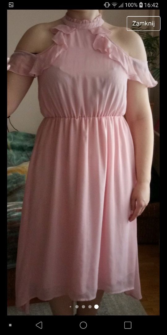 Mohito pudrowo różowa sukienka midi falbany S/M
