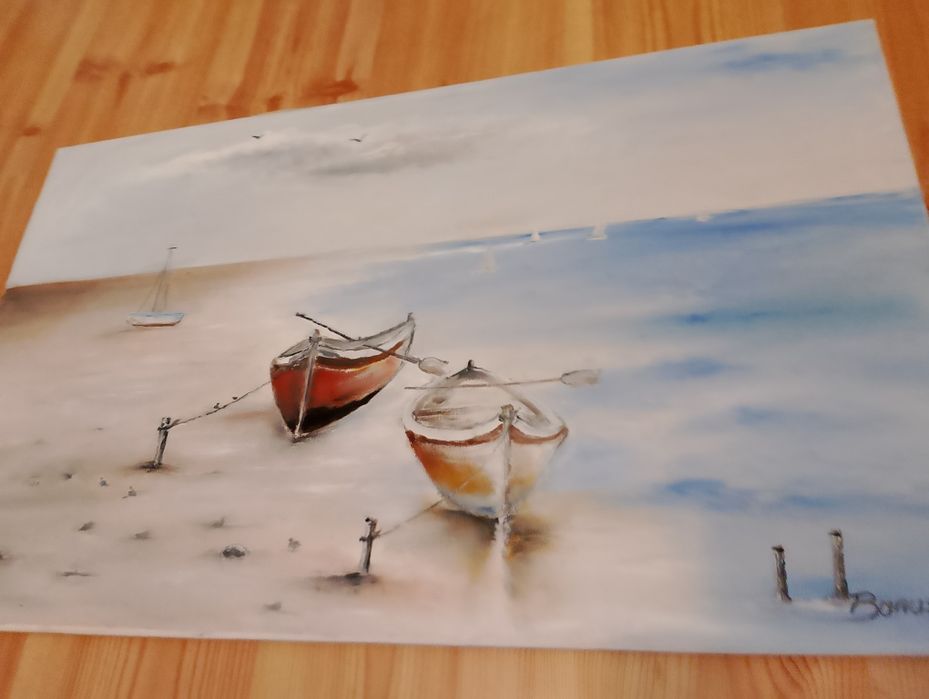 Obraz łódki na plaży 80/50 cm rękodzieło
