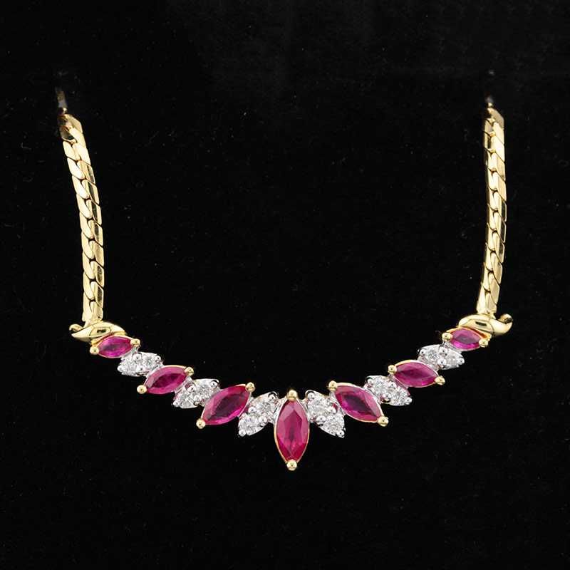 Złoty naszyjnik z rubinami i diamentami 42cm i kolczyki elegancki 18K