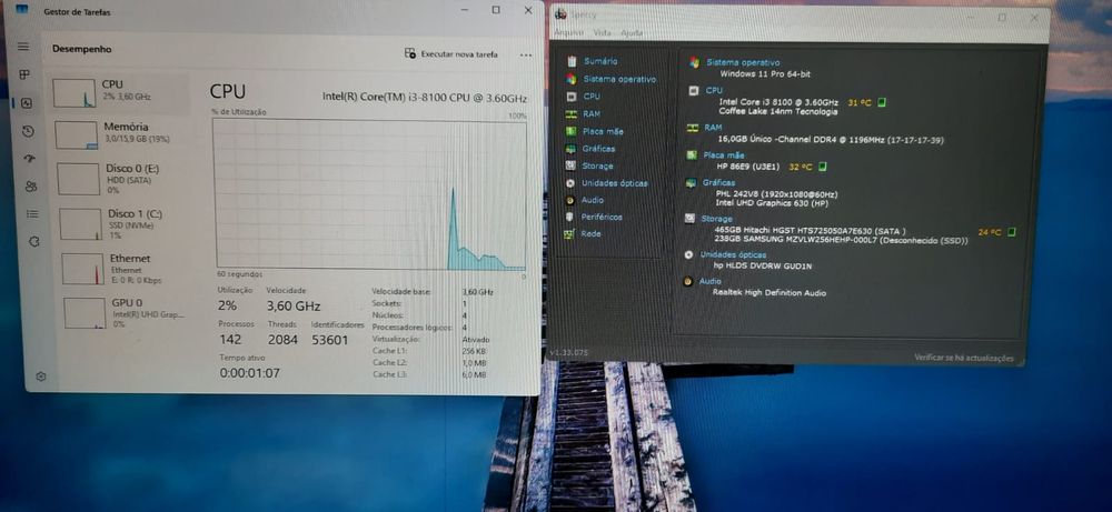 Pç HP Pro 290G2 8ªG|i3.8100-3.6G|16G|NVMe256+HDD500|Wifi+BT|HDMI|W11
