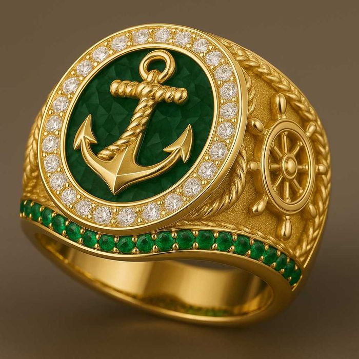 Złoty sygnet pierścień Marynarza Kapitana Żeglarza 18g pr 585 z brylan