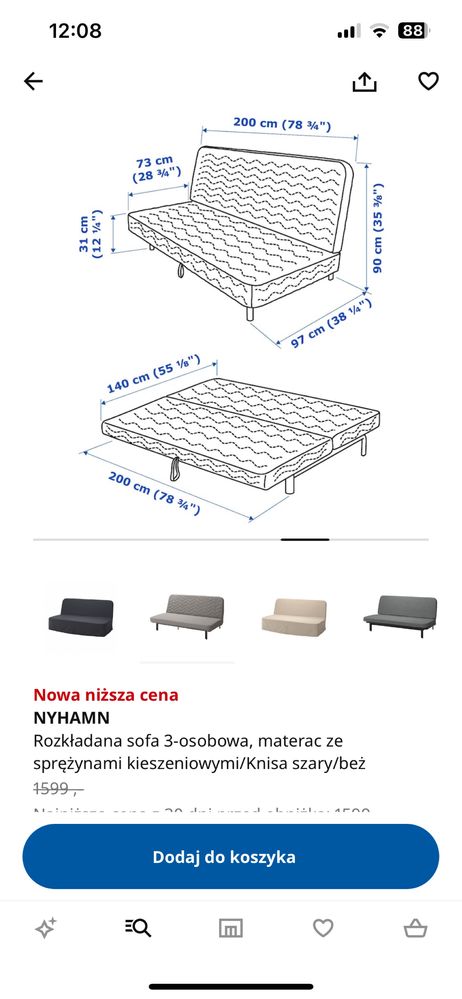 Łóżko rozkładane kanapa sofa NYHAMN IKEA