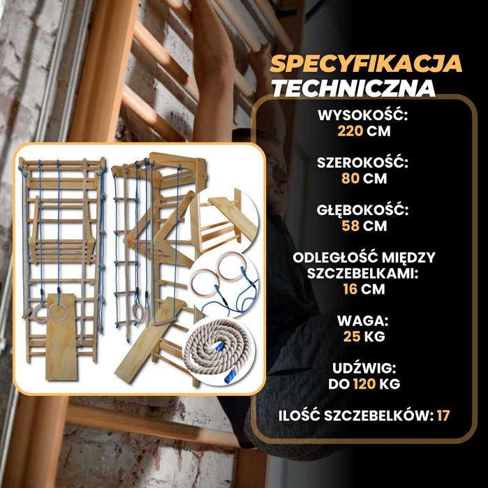 drabinka gimnastyczna dla dzieci drewniana 220 cm 120 kg + Akcesoria