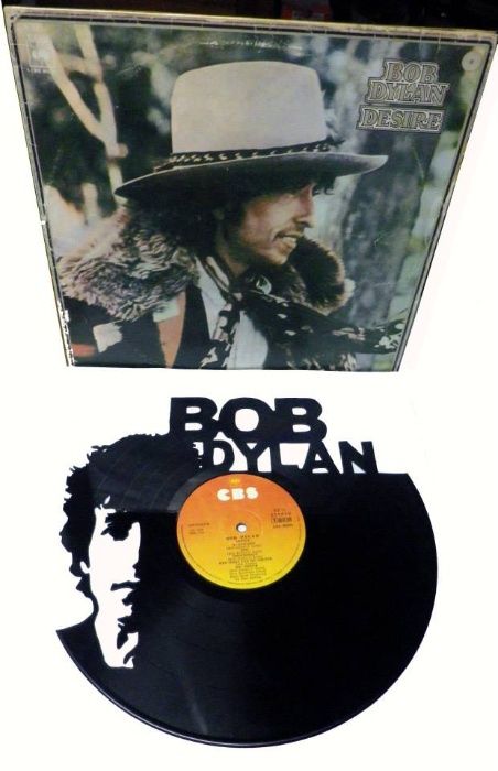 Silhueta decorativa Bob Dylan feita de um disco de vinil LP