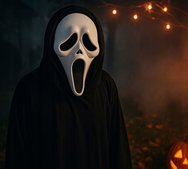 Strój Kostium HALLOWEEN MASKA Krzyk ŚMIERĆ PELERYNA Uniwersalny Rozmia