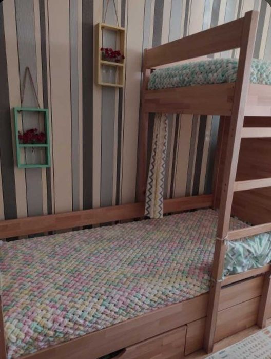 Двоярусне ліжко бук з шафою, шухлядою, дерев'яне дитяче ліжко, матрац