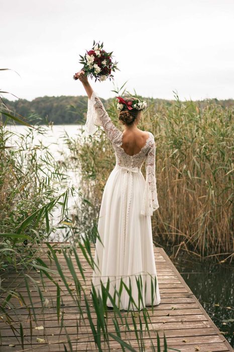 Suknia ślubna BOHO rozmiar XS-S piękna długa muślinowa koronka