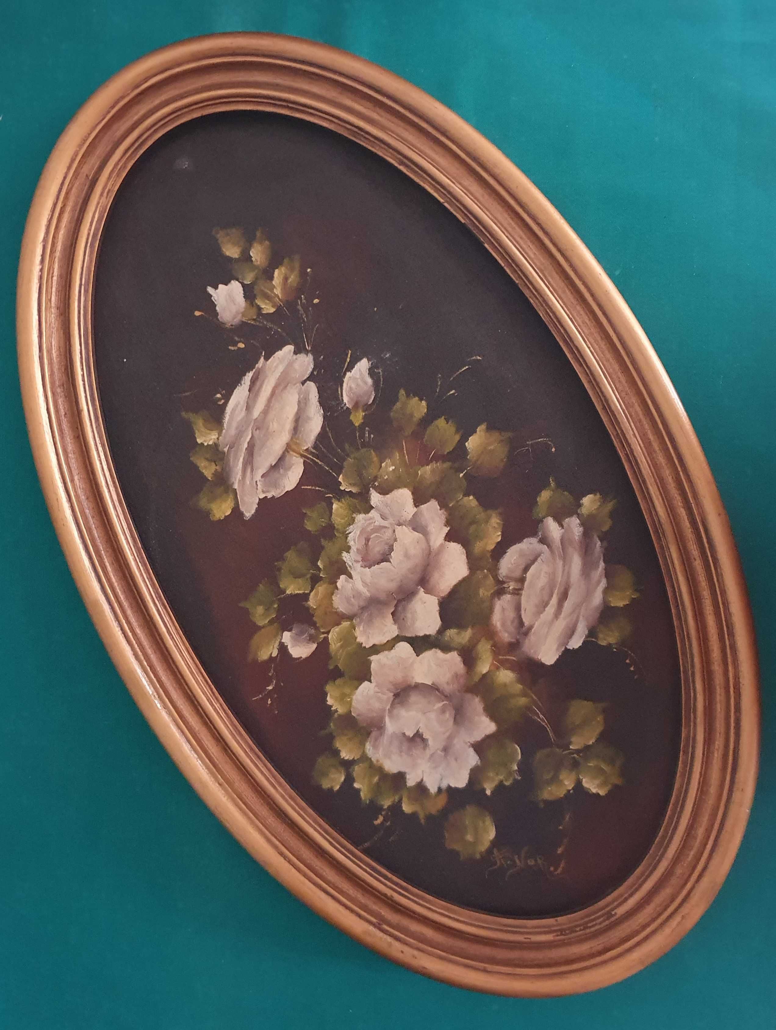 A. Nor. Linda Pintura Floral original, a óleo, oval, anos 70 - 62x37cm