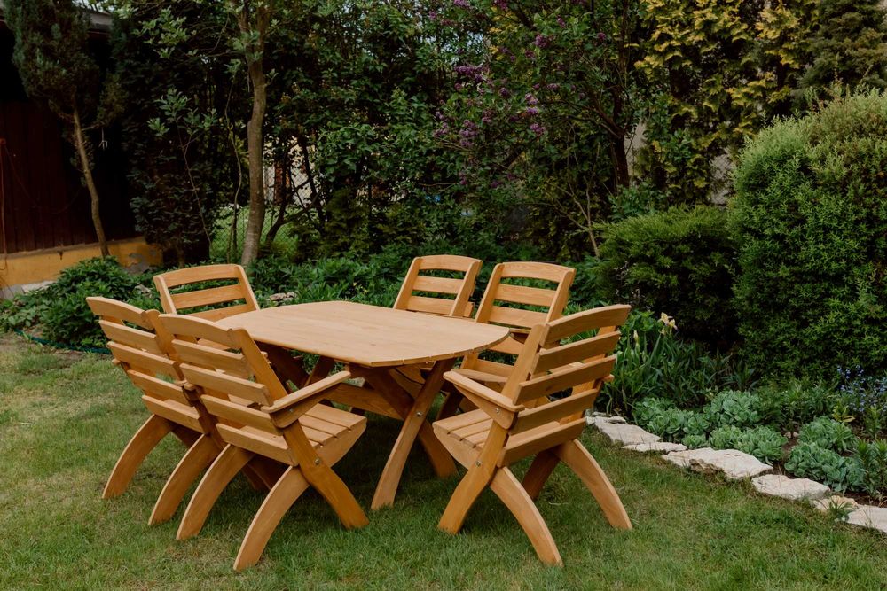Meble ogrodowe drewniane, składane, 6 krzeseł + stół owalny X2