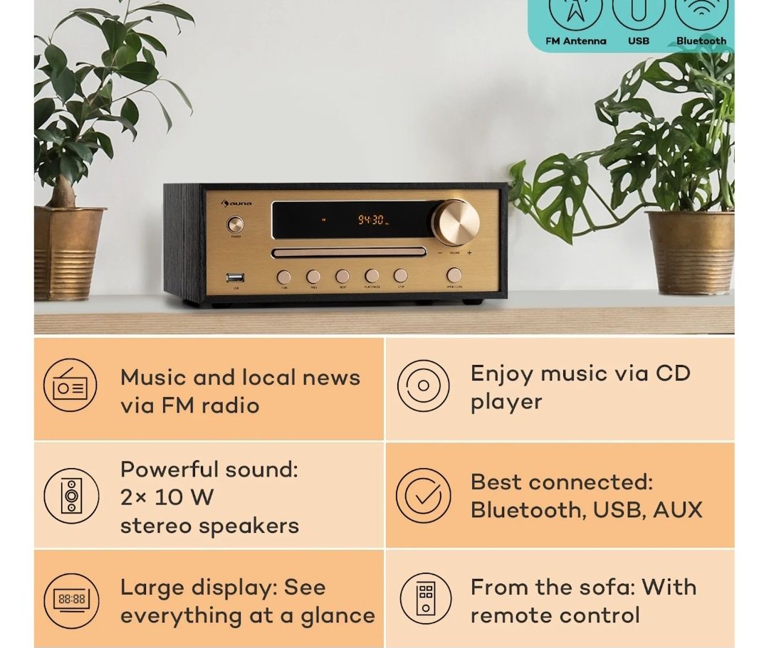 Wieża Hi-Fi stereo, Bluetooth, głośniki stereo, FM, MP3, USB